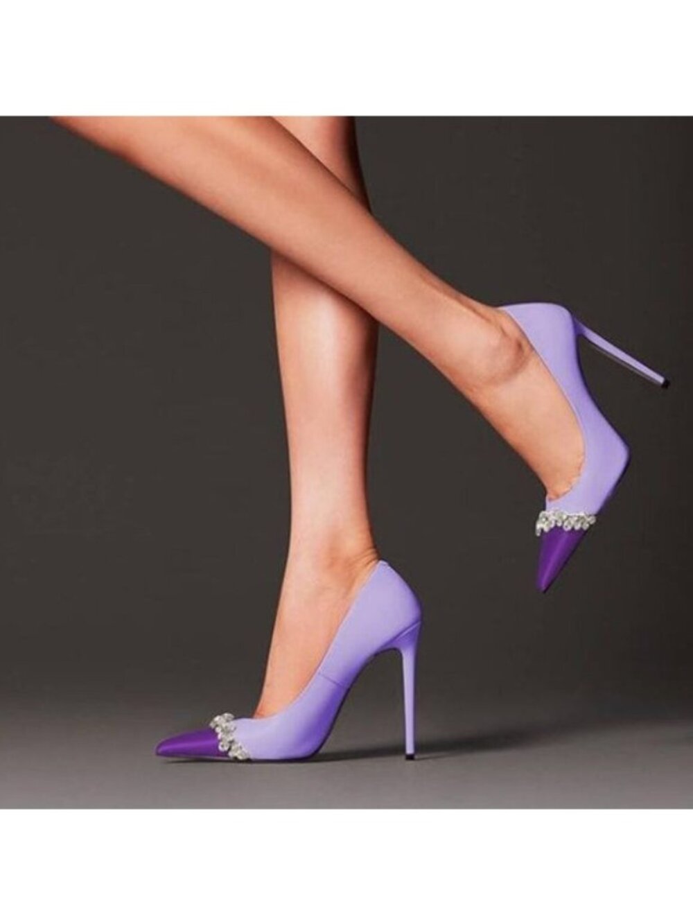 FYS Purple Rhinestones Patchwork Pointed Cap Toe Pumps Stiletto High Heel Shoes